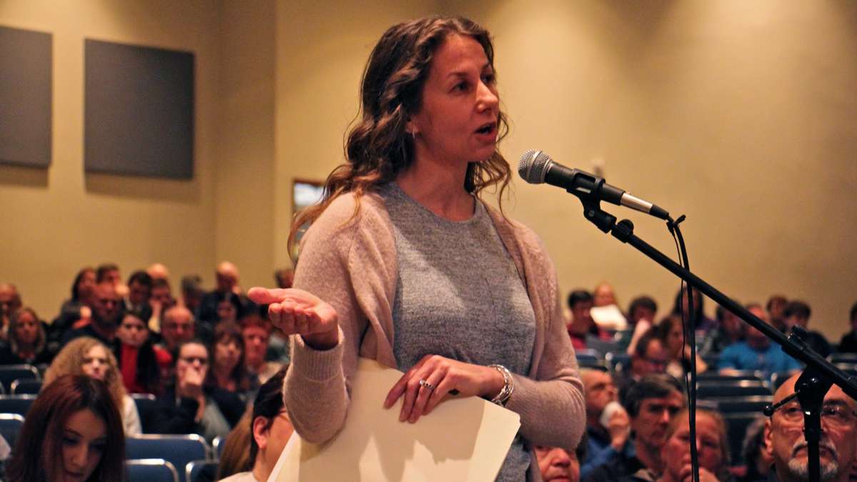 Stephanie Neff, who has two daughters in the Boyertown school district, criticizes the board for not notifying parents or asking for input before allowing transgender students to use locker rooms and bathrooms based on gender identity. (Emma Lee/WHYY)