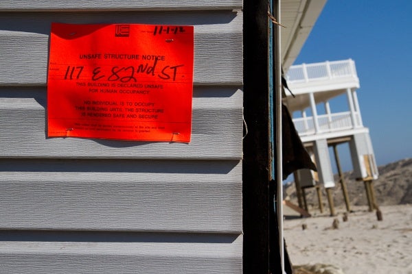 <p><p>Houses with an orange notice on Long beach Island are slated for demolition. (Lindsay Lazarski/WHYY)</p></p>
