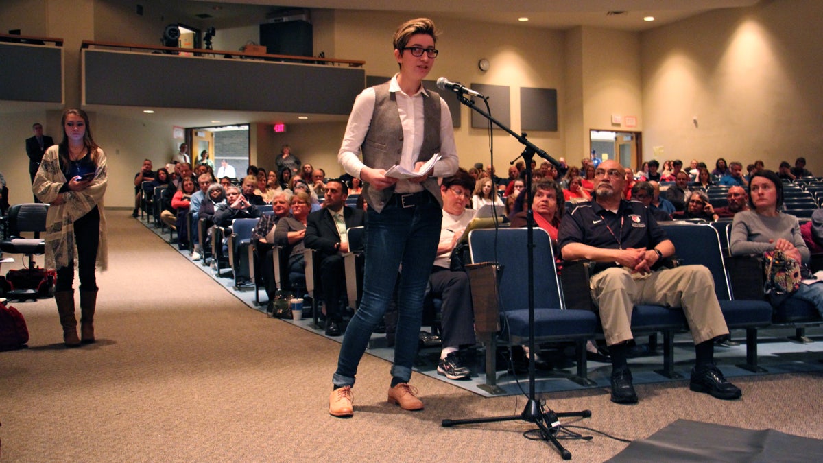 Students testify in support of the Boyerstown Area School District's policy of allowing transgender students to use locker rooms and restrooms that correspond to their gender identity. The district is facing a lawsuit filed by a student who said his privacy was violated when a transgender boy was allowed to use the same locker room. (Emma Lee/WHYY)