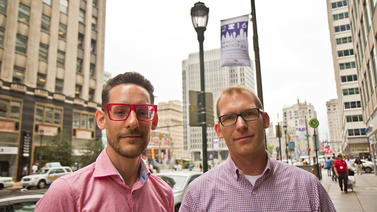  Concerned LGBT citizens Christopher M. Whibley and Tyler Lynch have a plan to block the message of the Westboro Baptist Church during the DNC. (Kimberly Paynter/WHYY) 