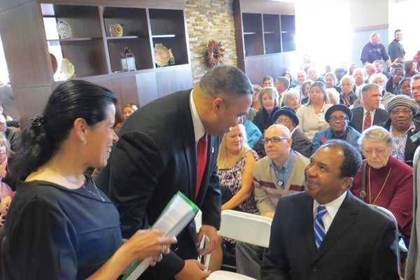 <p><p>Julie Hester, president and CEO of Saint Francis Hospital, newly appointed Wilmington Fire Chief Anthony Goode and Wilmington Mayor-elect Dennis Williams at the ribbon cutting ceremony. (Shana O'Malley/NewsWorks)  </p></p>
