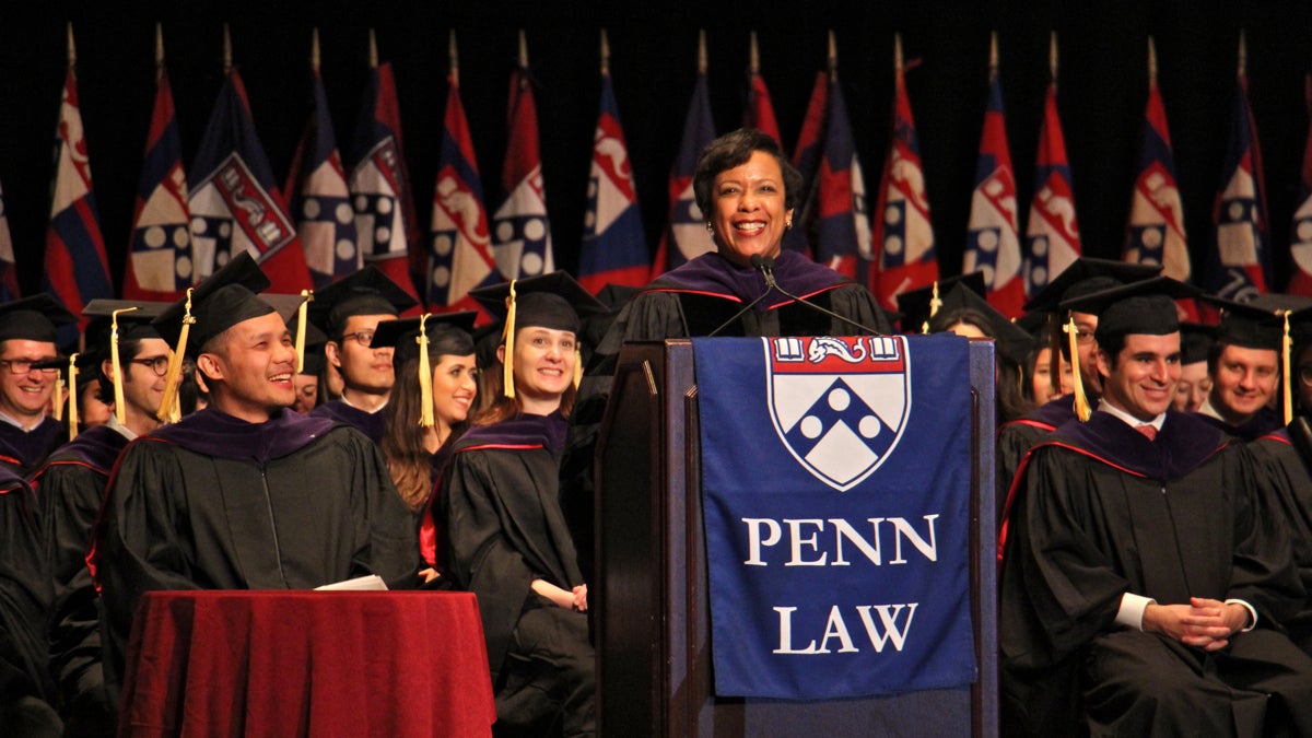 U.S. Attorney General Loretta Lynch delivers the commencement address for the University of Pennsylvania Law School Class of 2016 at the Academy of Music on South Broad Street. (Emma Lee/WHYY)