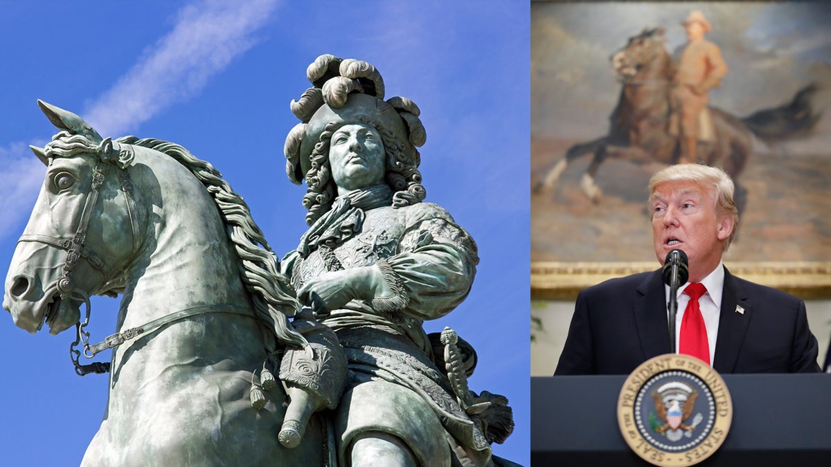  Equestrian statue of Louis XIV, castle of Versailles, France (left), and President Donald Trump pictured in the Roosevelt Room of the White House, Thursday, July 20, 2017, in Washington. (Neko92vl/Bigstock and Alex Brandon/AP) 