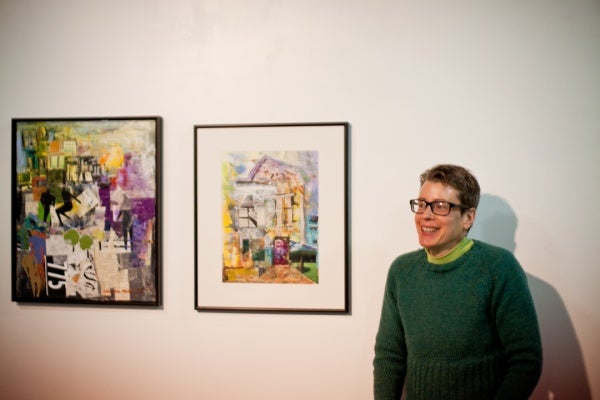 <p><p>Claudia Mcgill shows off her collages, "House With a Purple Door" (right), and "First Thing in The Morning" (left). (Brad Larrison/for NewsWorks)</p></p>
