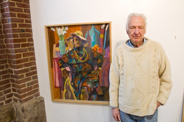 <p><p>Bob Finch stands next to his painting, titled "Cynthia," a portrait of his friend of the same name who Finch says is, "an inspiring person." (Brad Larrison/for NewsWorks)</p></p>
