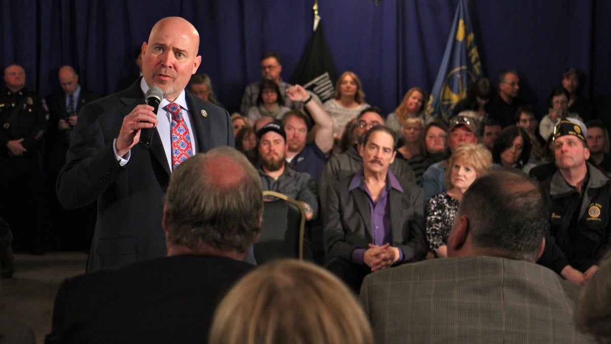  U.S. Rep. Tom MacArthur takes questions at a town hall in Waretown, New Jersey, on March 6. (Emma Lee/WHYY, file) 