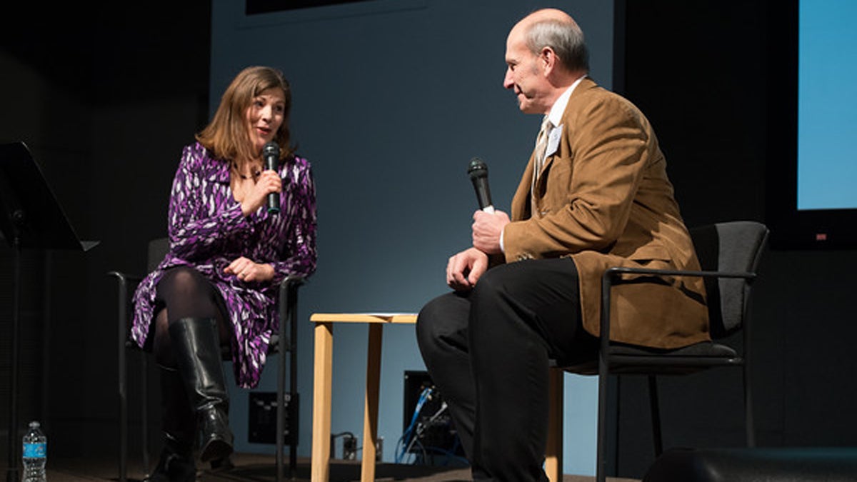  Maiken Scott interviews Ken Lacovara, Drexel University paleontology professor, about his team's discovery of Dreadnoughtus. (Photo courtesy of Daniel Burke)  