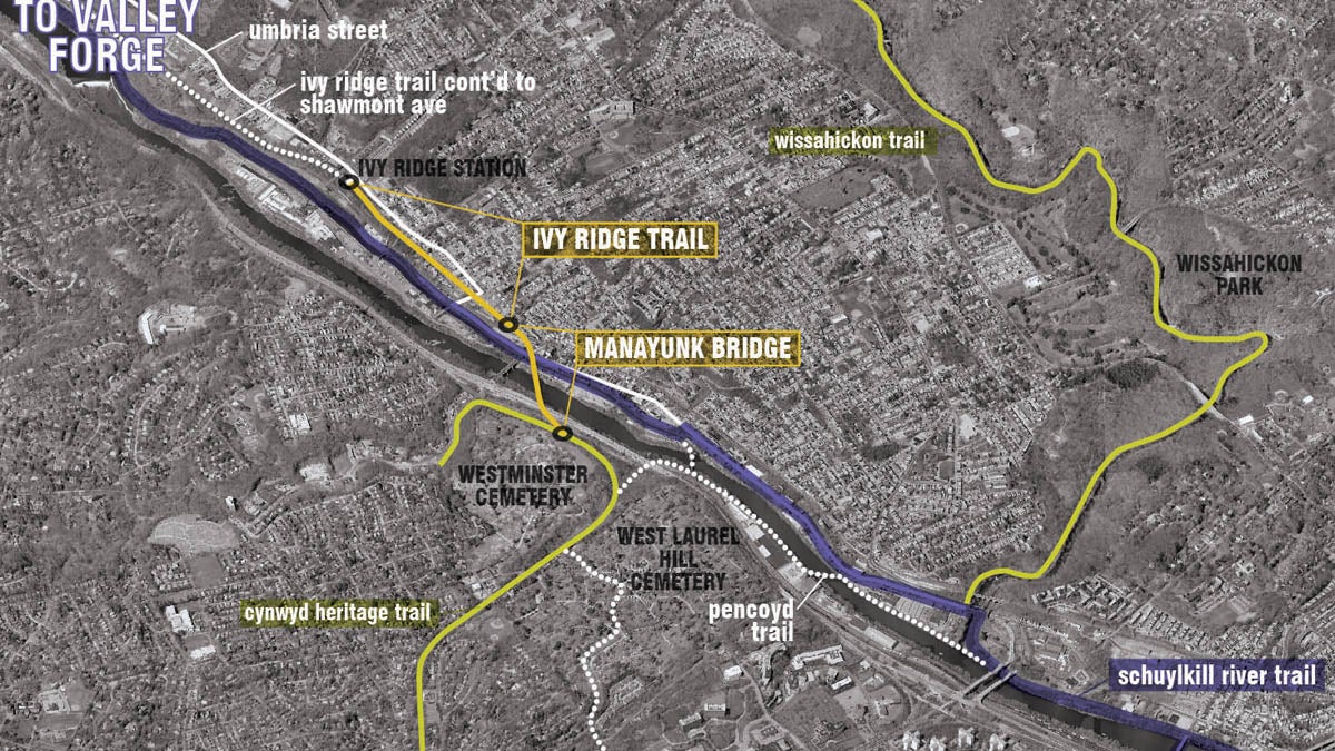  The Ivy Ridge Trail is mapped out to begin at the end of the Manayunk Bridge at Dupont and High streets and continue for six-tenths of a mile to SEPTA's Ivy Ridge regional rail station. (Image courtesy of Interface Studio)  