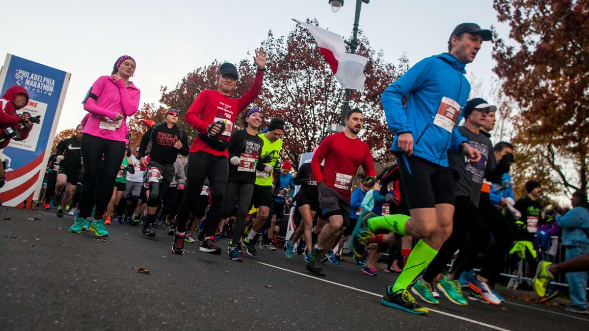 Runners begin the Philadelphia Marathon Sunday.