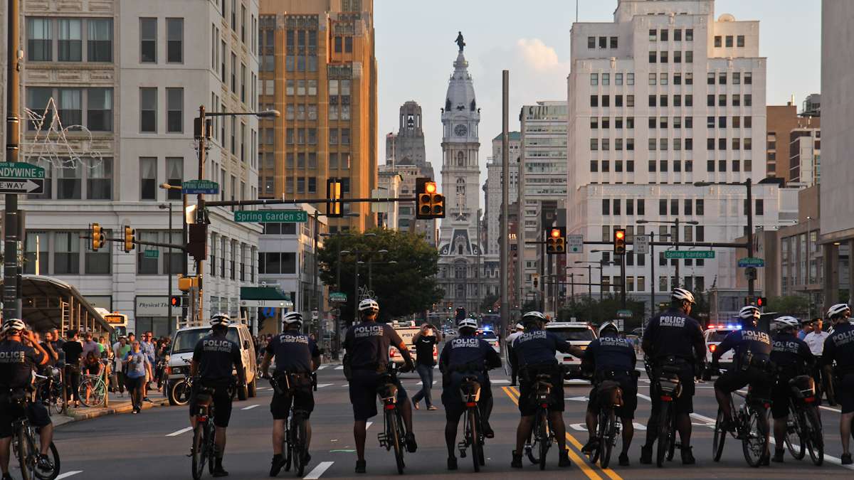 Philly police block North Broad Street at the Philly is Charlottesville march Wednesday evening. (Kimberly Paynter/WHYY)