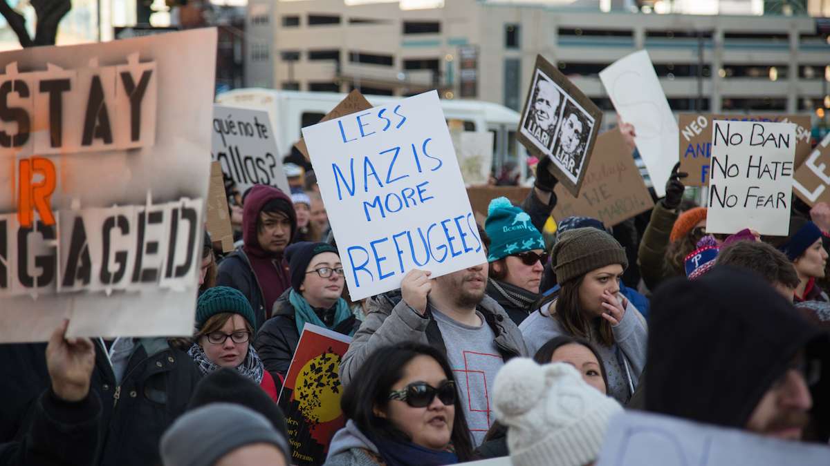  Thousands of protesters gather at Thomas Paine Plaza for a March for Humanity in support of refugees and immigrants in Philadelphia, PA February 4th 2017. (Emily Cohen for WHYY) 