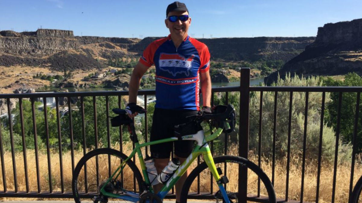  Former Del. Gov. Jack Markell stands with his bike in Burley, Idaho after riding nearly 43 miles on June 30. (photo via GovernorMarkell/ Twitter) 