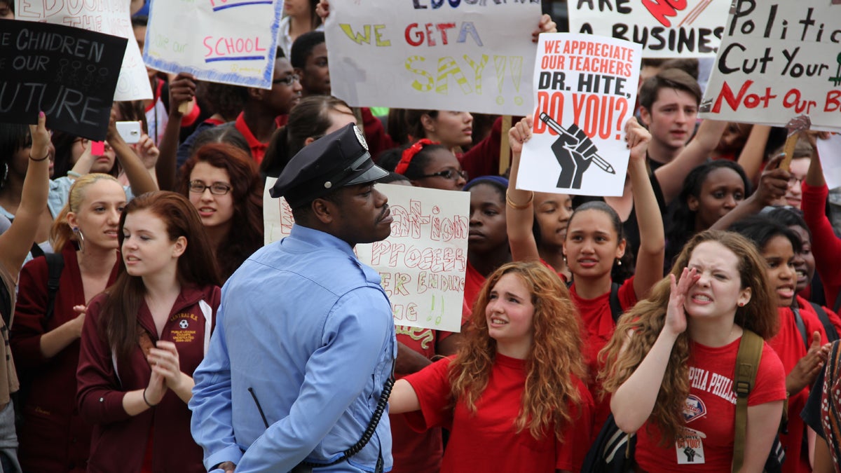  Philadelphia high school students chant and scream in front of school district headquarters on North Broad Street on May 7 to protest budget cuts. (Emma Lee/for NewsWorks) 