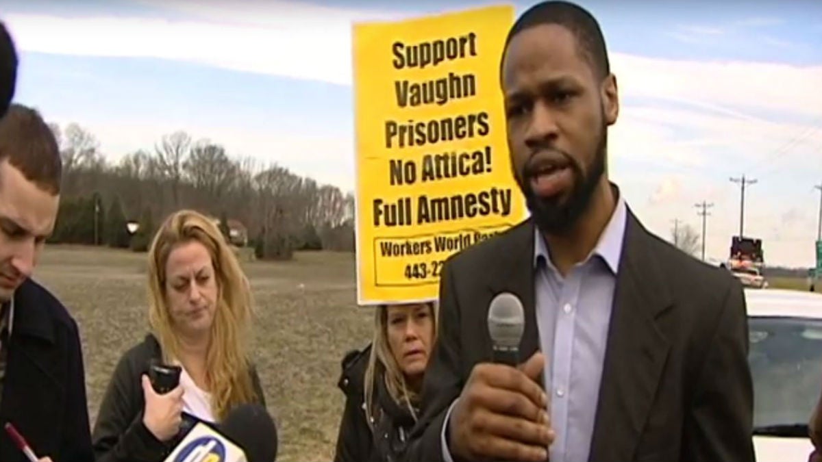  Isaiah McCoy speaks outside Vaughn Correctional Center in Smyrna following a deadly prison siege in February that resulted in the death of a correctional officer. (File/WHYY) 