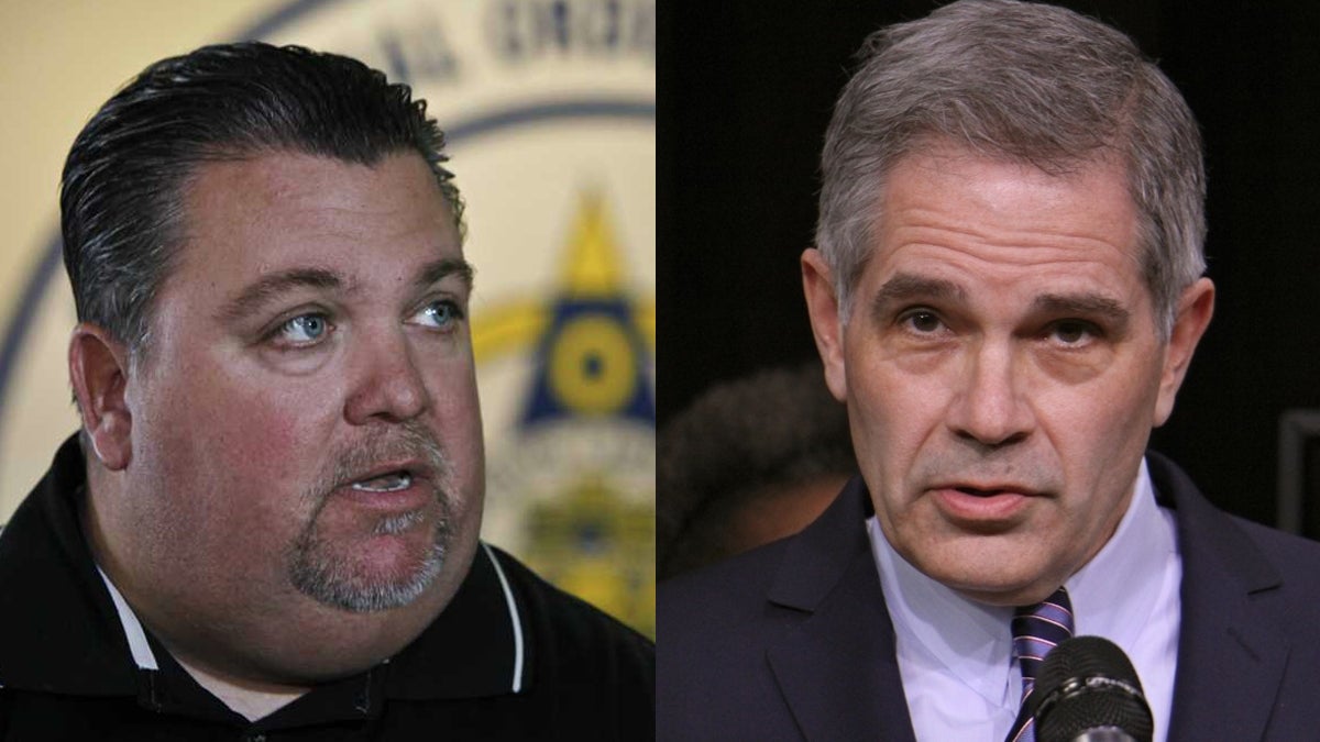  Fraternal Order of Police President John McNesby (left) and Democratic nominee for Philadelphia district attorney Larry Krasner had words Wednesday (right) (NewsWorks file photos) 