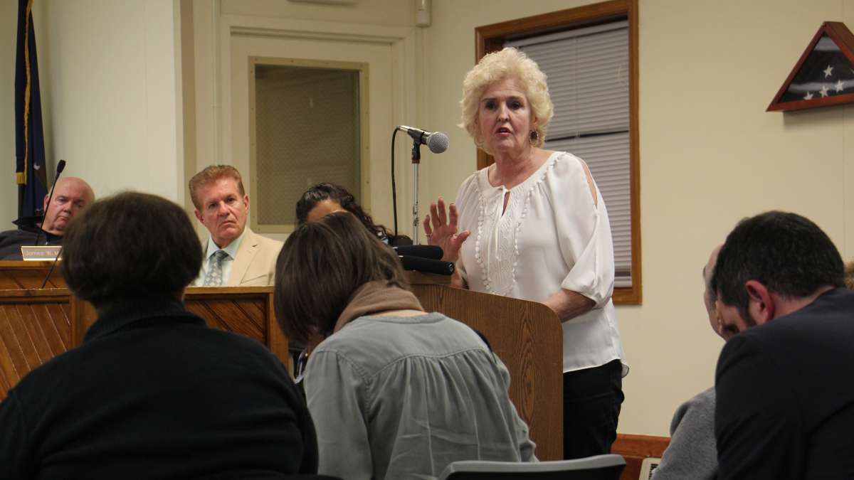 Aston resident Catherine Warren, a registered nurse, speaks about the benefits of medical marijuana during a public hearing before the Aston Board of Commissioners. (Emma Lee/WHYY)