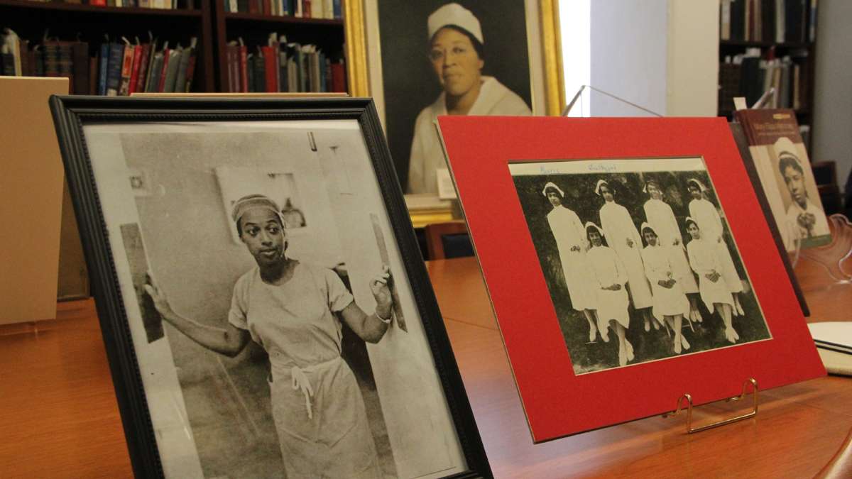 Photographs and mementos from Mercy Douglas School of Nursing are on display at the University of Pennsylvania. (Emma Lee/for NewsWorks)