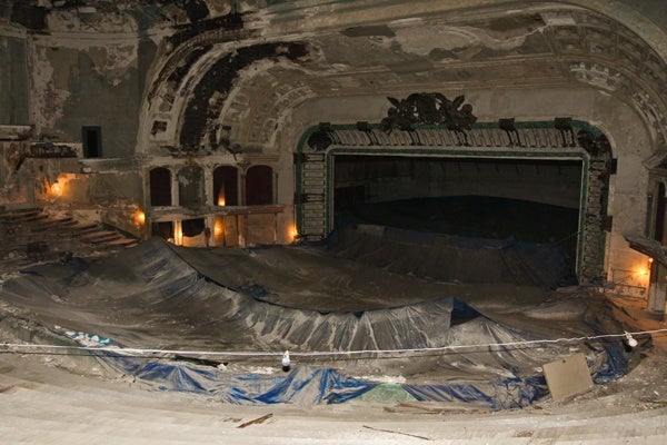 <p><p>A tarp placed above the church's service area keeps pieces of the Metropolitan Opera House ceiling from falling into the congregation. (Kimberly Paynter/for NewsWorks)</p></p>
