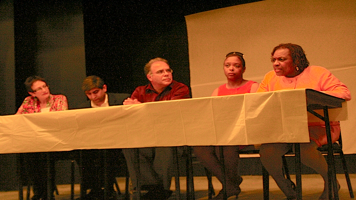  A discussion panel organized by the West Mt. Airy Neighbors (WMAN) discusses their vision for the neighborhood in 2020. Panelists consist of (L-R) WMAN executive director Marilyn Cohen, Mt. Airy USA executive director Anuj Gupta, Eflant Wissahickon Realty agent Larry DiFranco, city councilwoman Cindy Bass and state Sen. LeAnna Washington. (Lane Blackmer/for NewsWorks) 