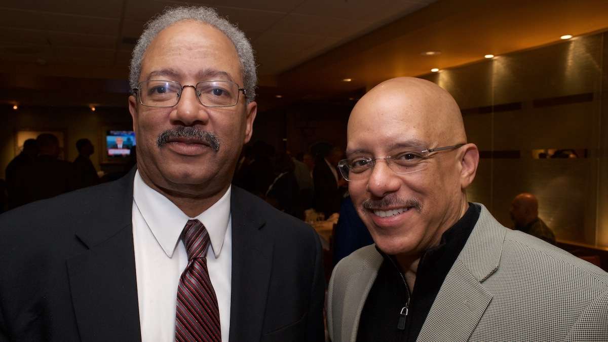 U.S. Rep. Chaka Fattah, shown here at Relish's lunch gathering in West Oak Lane, and state Sen. Vincent Hughes. (Bas Slabbers/for NewsWorks)
