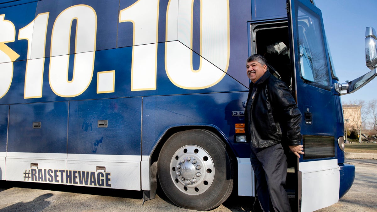  AFL-CIO President Richard Trumka arrived in Philadelphia last year as part of an 11-state bus tour advocating for an increase in the minimum wage from $7.25 to $10.10 an hour.  (AP File Photo/Matt Rourke) 