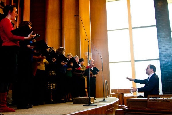 <p><p>Rabbi Adam Zeff directs the Germantown Jewish Centre choir during an MLK-inspired interfaith celebration. (Brad Larrison/For NewsWorks)</p></p>
