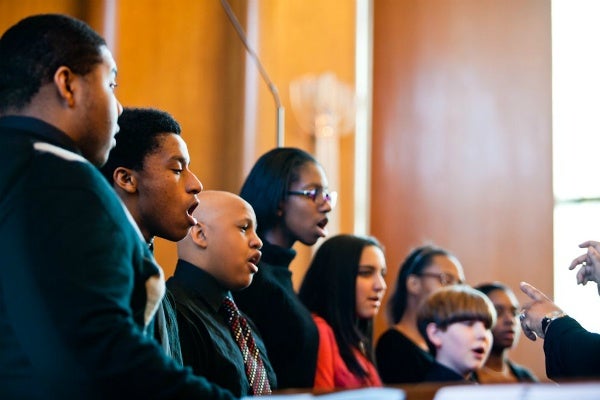 <p><p>Members of the Second Baptist Church Youth Choir perform during the interfaith service at Germantown Jewish Centre. (Brad Larrison/for NewsWorks)</p></p>
