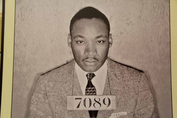 <p><p>A mug shot of Martin Luther King Jr., taken after his arrest during the Birmingham bus boycott, hangs on the wall at Eastern State Penitentiary. (Emma Lee/for NewsWorks)</p></p>
