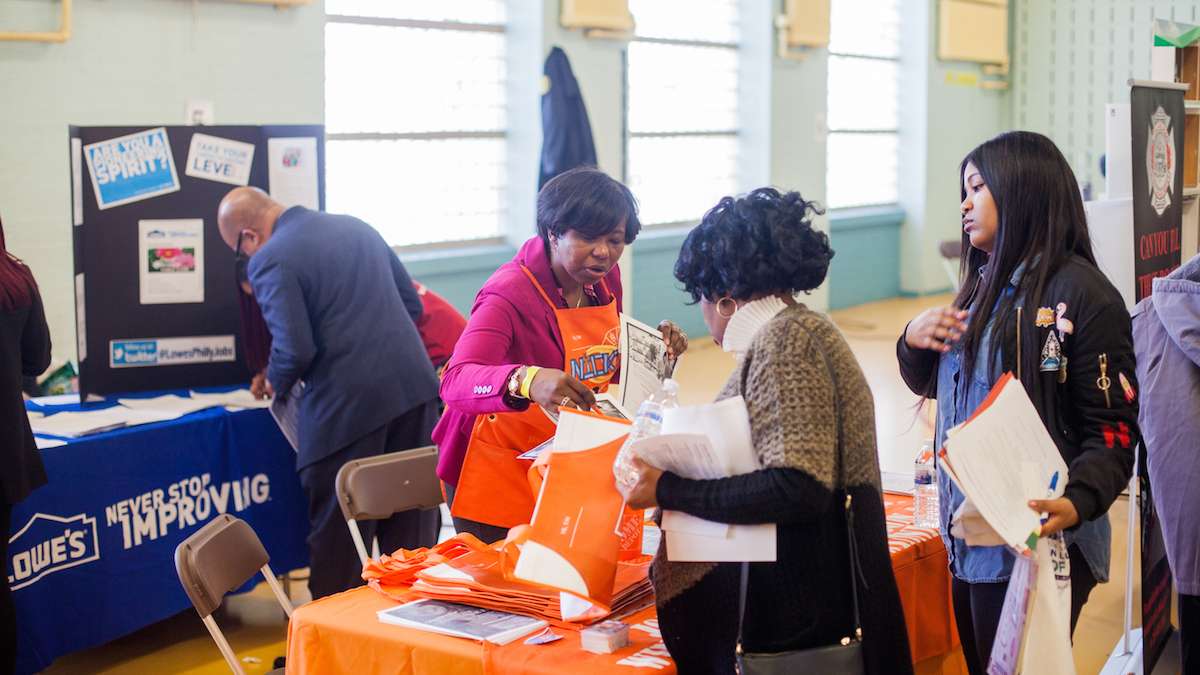 Nickie Richardson looked to recruit new employees for Home Depot at a job and services fair at Girard College on Martin Luther King Day. (Brad Larrison for NewsWorks)