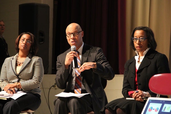 <p>Philadelphia Superintendant of Schools Dr. William Hite fields questions from concerned parents during a community meeting at Martin Luther King HIgh School. (Emma Lee/for NewsWorks)</p>
