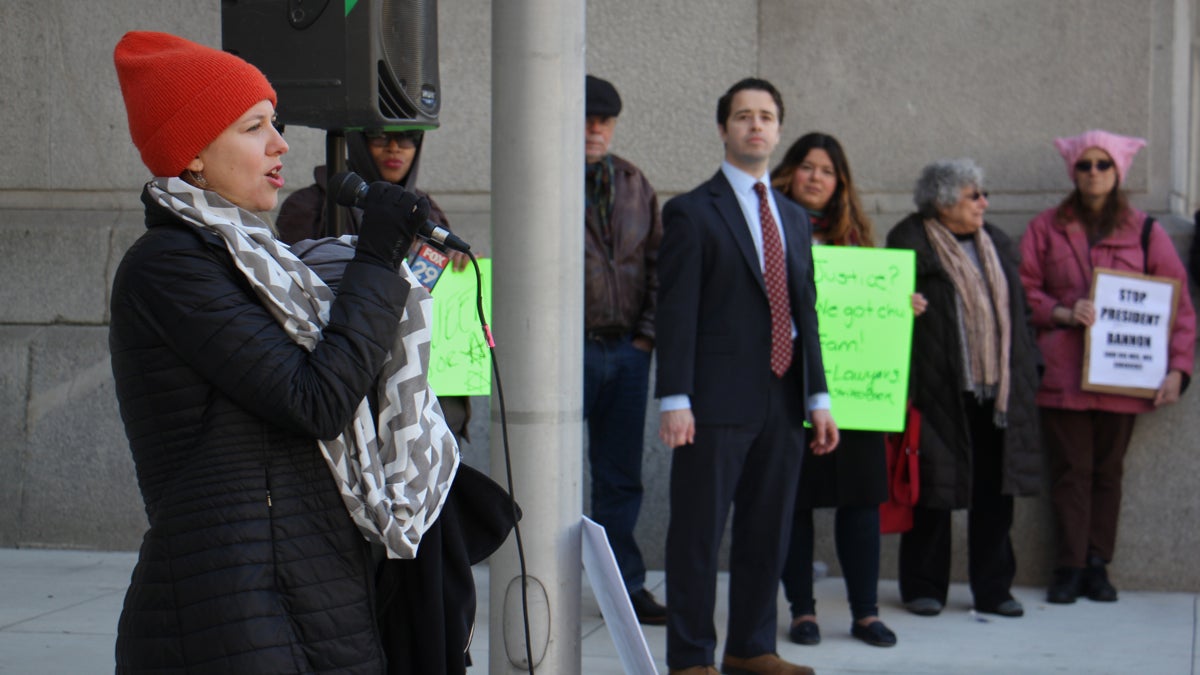  Pennsylvania ACLU lawyer Molly Tack-Hooper speaks at a rally in support of immigrants outside City Hall. Many people go through immigration court without an attorney. (Emma Lee/WHYY, file) 