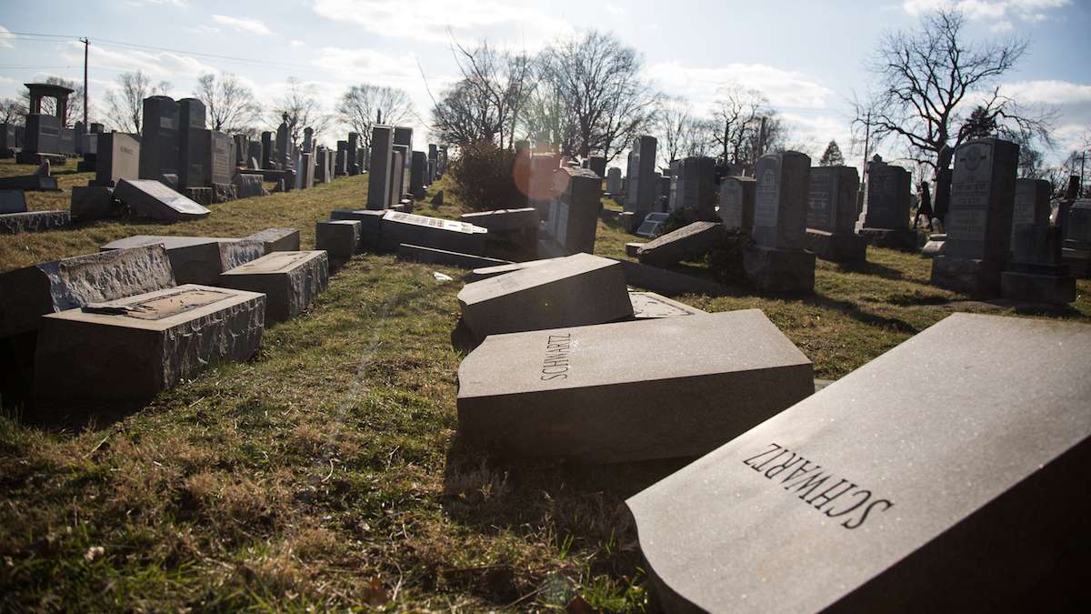  Police say more than 100 headstones have been vandalized at a Jewish cemetery in Philadelphia, damage discovered less than a week after similar vandalism in Missouri. (Emily Cohen for NewsWorks) 
