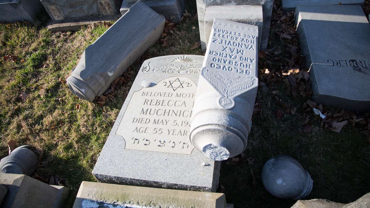  Widespread vandalism at the Mt. Carmel Jewish Cemetery in North East Philadelphia where hundreds of headstones were toppled and broken over night Sunday. (Emily Cohen for NewsWorks) 
