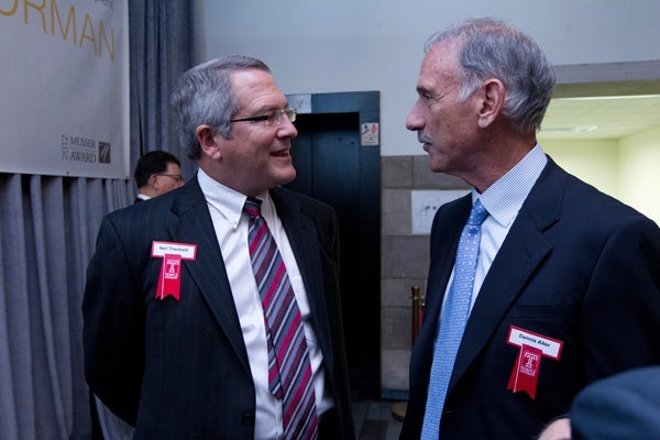 <p><p>Temple University President-elect Neil D. Theobald (left) and university trustee Dennis Alter, namesake of the Fox School of Business’ Alter Hall (Photo courtesy of Ryan S. Brandenberg)</p></p>
