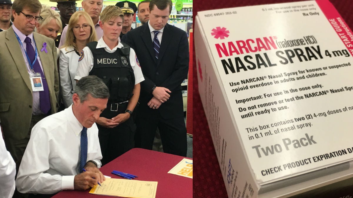  Delaware Gov. John Carney signs SB 48 allowing pharmacies to dispense the heroin overdose reversing drug Naloxone without a prescription. (Mark Eichmann/WHYY) 
