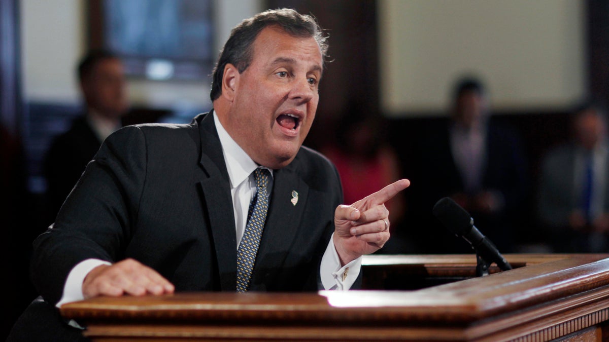 Republican New Jersey Gov. Chris Christie addresses a gathering during a news conference on the transportation trust fund Wednesday