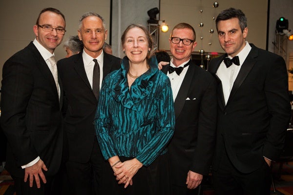 Opera Philadelphia General Director David B. Devan (left) and Silent Night librettist Mark Campbell with Barbara A. Teichert, Production Underwriter for Silent Night, Opera Company Chairman Daniel K. Meyer, and Silent Night composer Kevin Puts (Photo courtesy of Sofia Negron Photography)