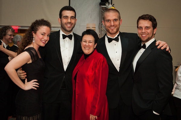 Cold Mountain composer Jennifer Higdon (center) with (from left) Curtis Institute of Music students soprano Rachel Sterrenberg, tenor Roy Hage, baritone Jarrett Ott, and baritone Jonathan McCullough (Photo courtesy of Sofia Negron Photography)
