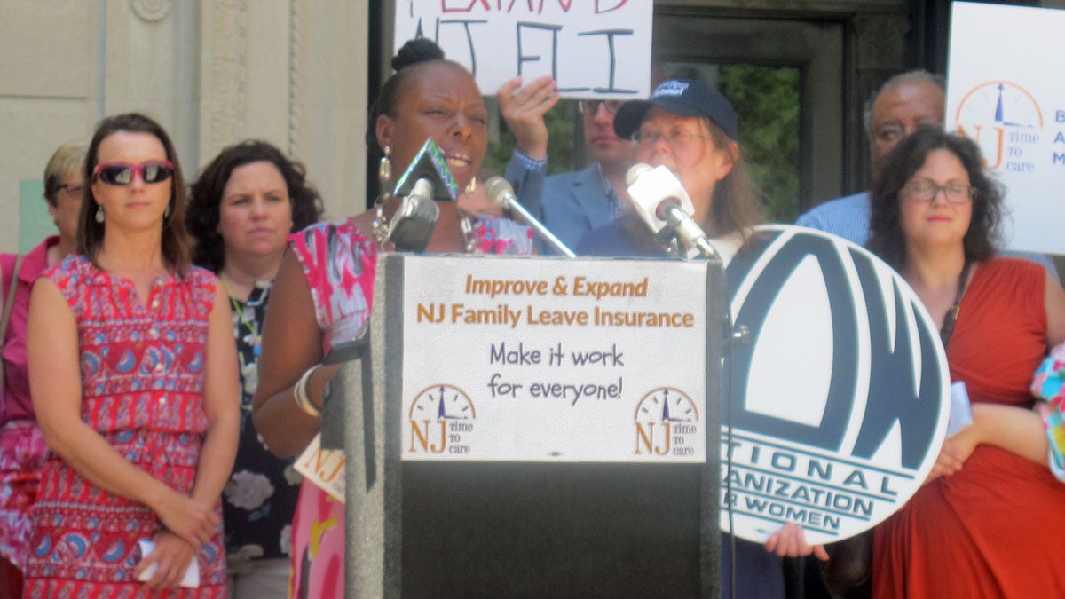  Parents and caregivers rally outside NJ Statehouse and urge Christie to sign the family leave expansion bill. (Phil Gregory/WHYY) 