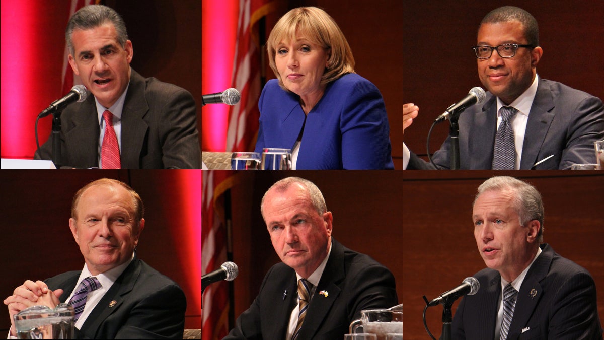  Shown are six of 11 candidates in the June 6 primary race for New Jersey governor (clockwise from top left) Republicans Jack Ciattarelli and Kim Guadagno, and Democrats Jim Johnson, John Wisniewski, Phil Murphy, and Raymond Lesniak. (Emma Lee/WHYY) 
