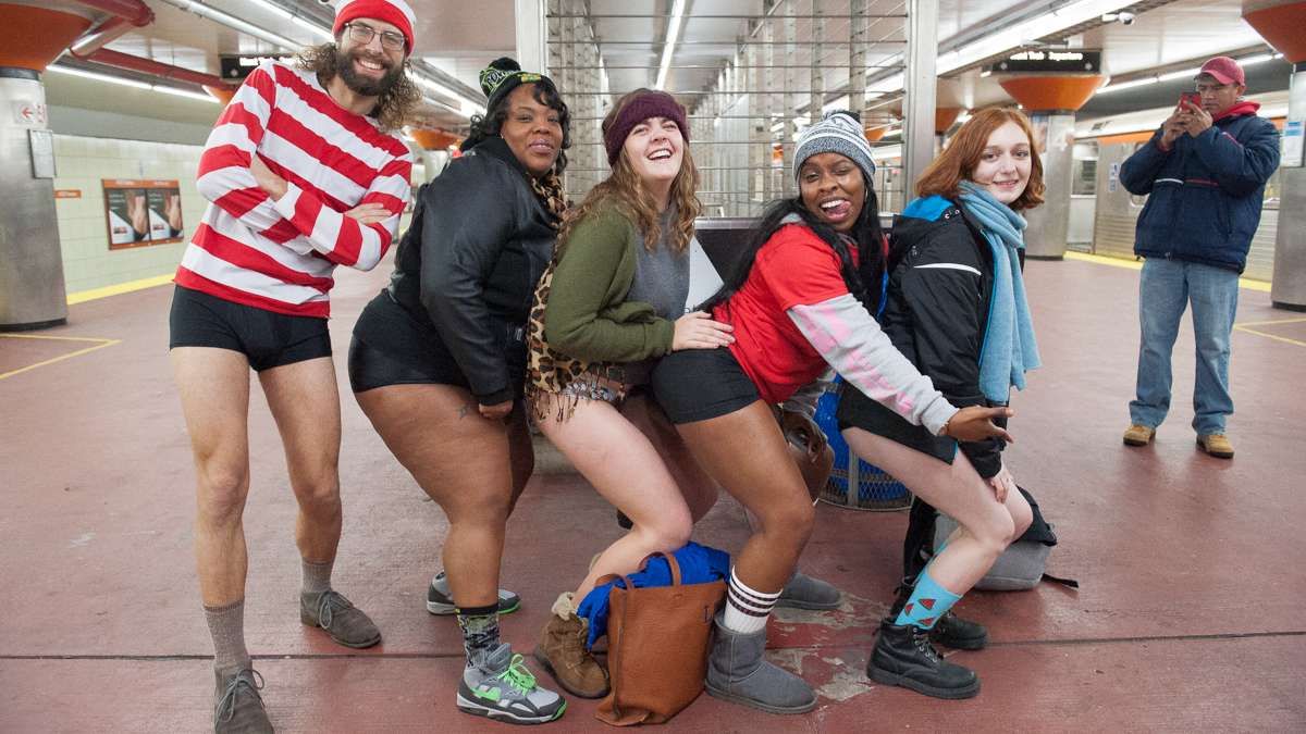 No Pants revelers pose for a photo at the AT&T Station in South Philadelphia.