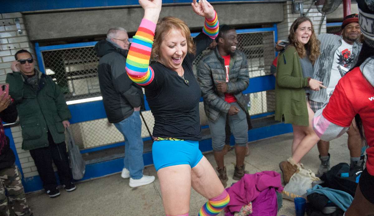 Peggy Kerr dances on the platform of the Market-Frankford Line.