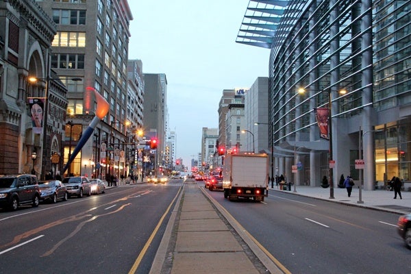 <p><p>Across Broad from the Academy of Fine Arts in 2012 is the Philadelphia Convention Center, where the Odd Fellows Temple, Lyric Theatre and Adelphia Theater once stood. (Emma Lee/for NewsWorks)</p></p>
