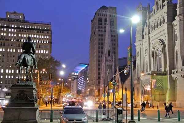 <p><p>The same view in 2012, facing north from City Hall, shows the statue of Civil War Gen. Fulton Reynolds and the Masonic Temple. (Emma Lee/for NewsWorks)</p></p>
