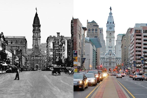 <p><p>A view of Philadelphia's North Broad Street looking south from Vine Street, circa 1910 (left) and 2012 (right). (Historical photo courtesy of Arcadia Publishing.)</p></p>

