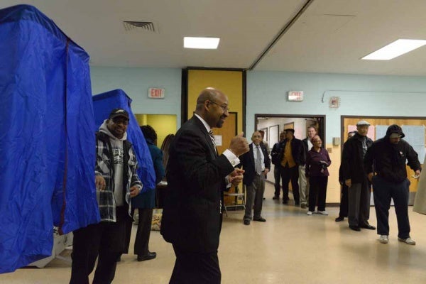 <p><p>Mayor Nutter walked out of the voting booth in West Philly with two thumbs up saying "One more for Obama." (Bas Slabbers/for NewsWorks)</p></p>
