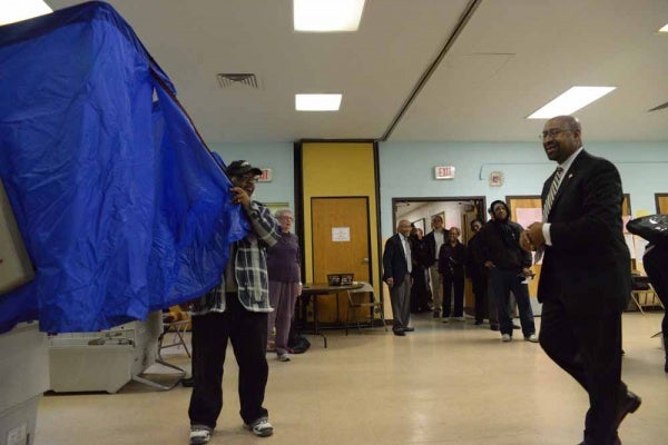 <p><p>Mayor Nutter voted on Overbrook Avenue in West Philadelphia around 8 a.m. on Tuesday. (Bas Slabbers/for NewsWorks)</p></p>
