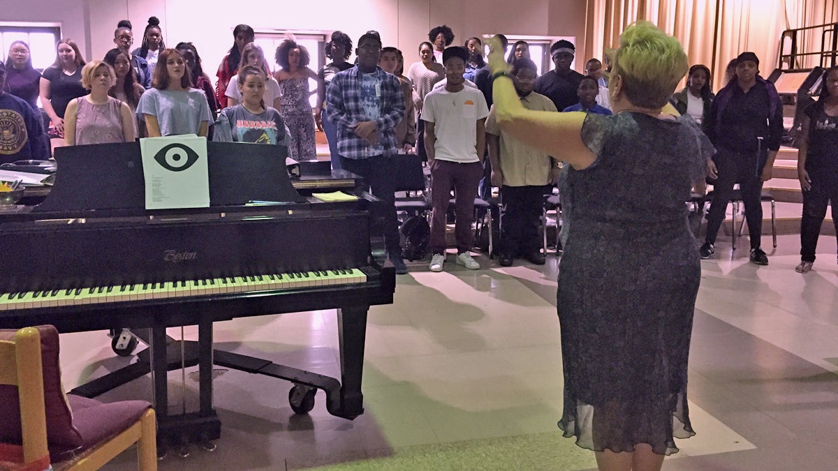  CAPA choral director Dorina Morrow leads a choir of students. (Avi Wolfman-Arent/WHYY) 