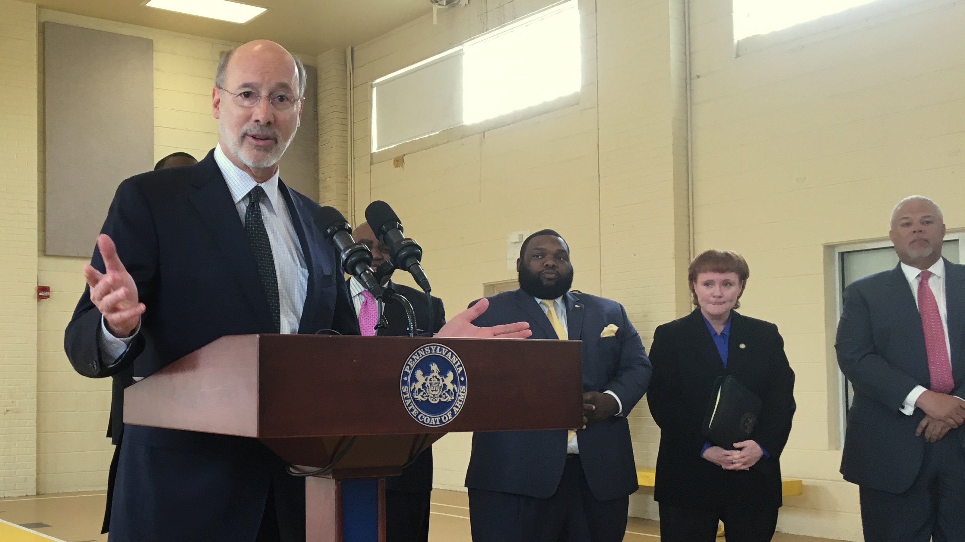  Pennsylvania Gov. Tom Wolf and local officials discuss funding for senior services at the Wilson Park Senior Center in South Philadelphia. (Dave Davies/WHYY) 