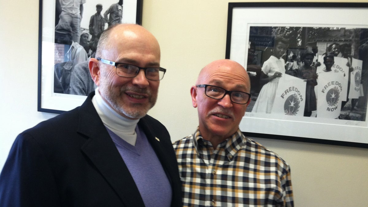  Born and bred Pennsylvanians and plaintiffs in the case, David Palmer (left) and Edwin Hill of Northampton County were married in Maine on May 10, 2013. Their marriage will now be recognized in Pennsylvania. (Emma Jacobs/WHYY) 